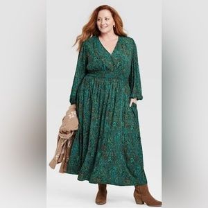 Knox Rose Women's Long Sleeve Maxi Green Paisley Dress